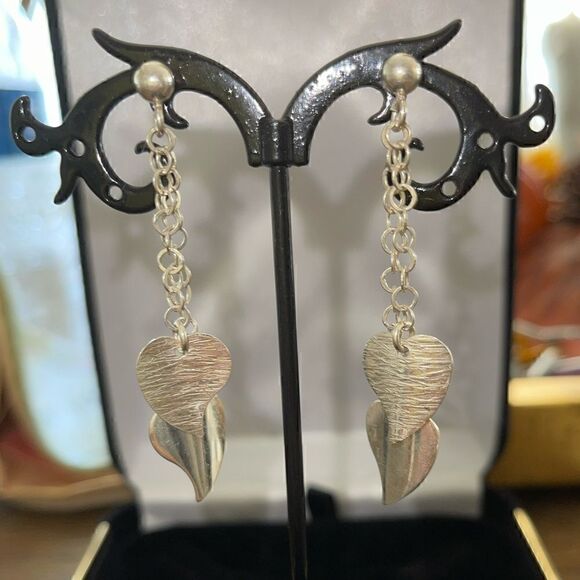 Sterling silver long leaf dangle earrings - Picture 1 of 4
